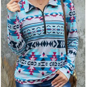 Zip Collar Aztec Pattern Sweatshirt